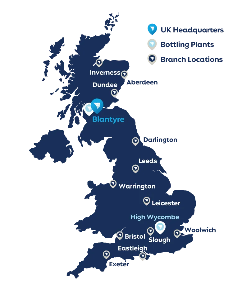 Map of Eden Springs UK depot locations and British water sources. Showing an independent UK network with headquarters in Blantyre and bottling plants in Renfrewshire and Hertfordshire.